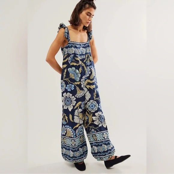 Free People Bali Albright Cotton Floral Jumpsuit With Pockets Blue Combo - Picture 3 of 6